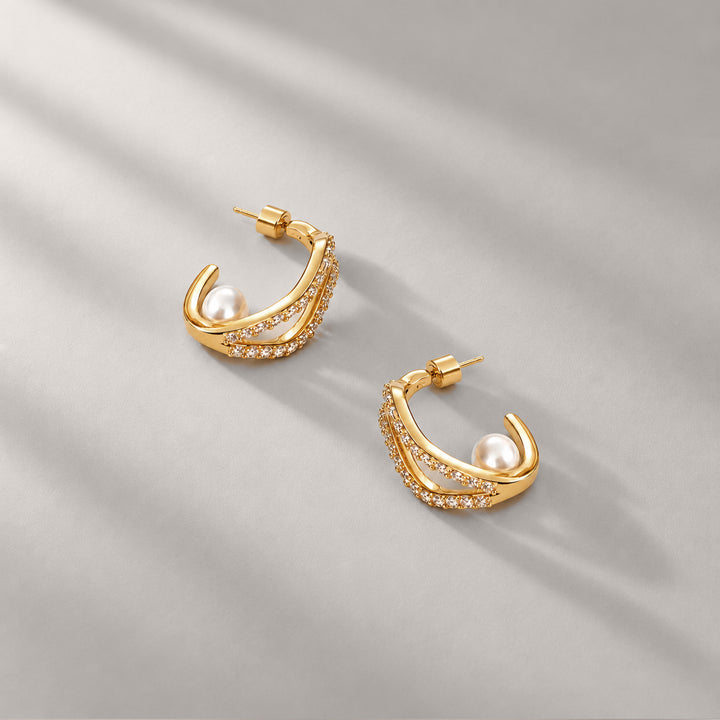 Lain Midi Pearl Hoops In Gold & Crystals