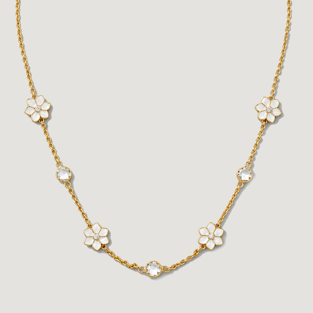 XANTIA STONE STATION NECKLACE IN GOLD & MOONSTONE WITH WHITE ENAMEL