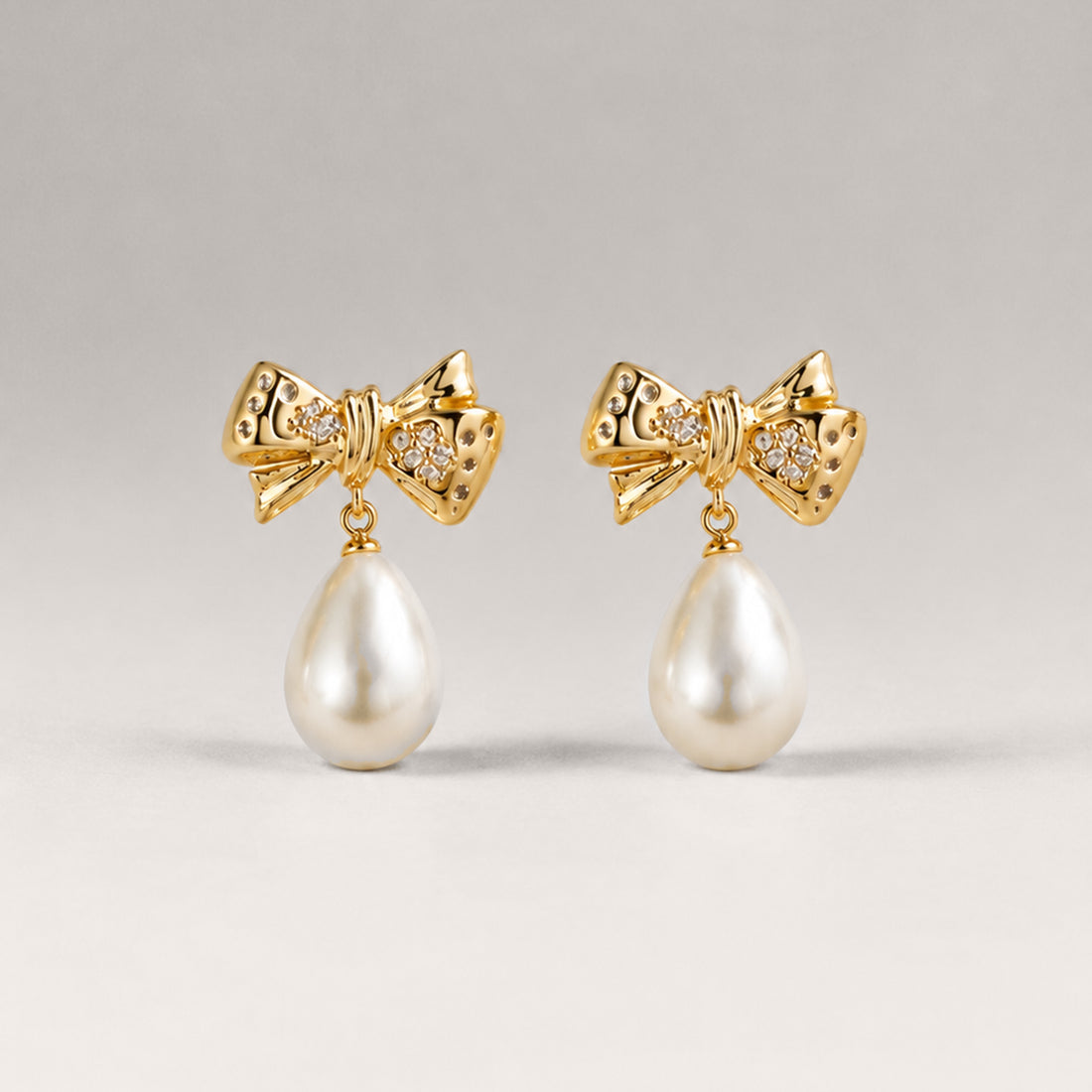 BOW PEARL EARRINGS DROP EARRINGS IN GOLD, CRYSTALS & PEARLS