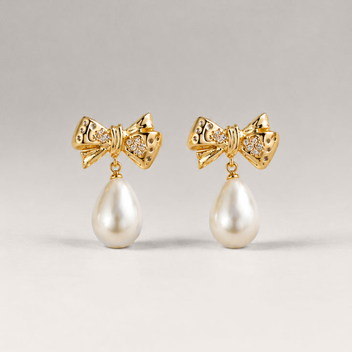 BOW PEARL EARRINGS DROP EARRINGS IN GOLD, CRYSTALS & PEARLS