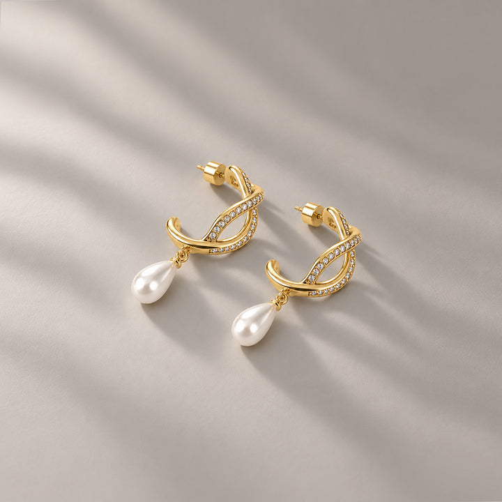 Berdo Midi Pearl Hoop Drop Earrings In Gold, Crystals & Pearls