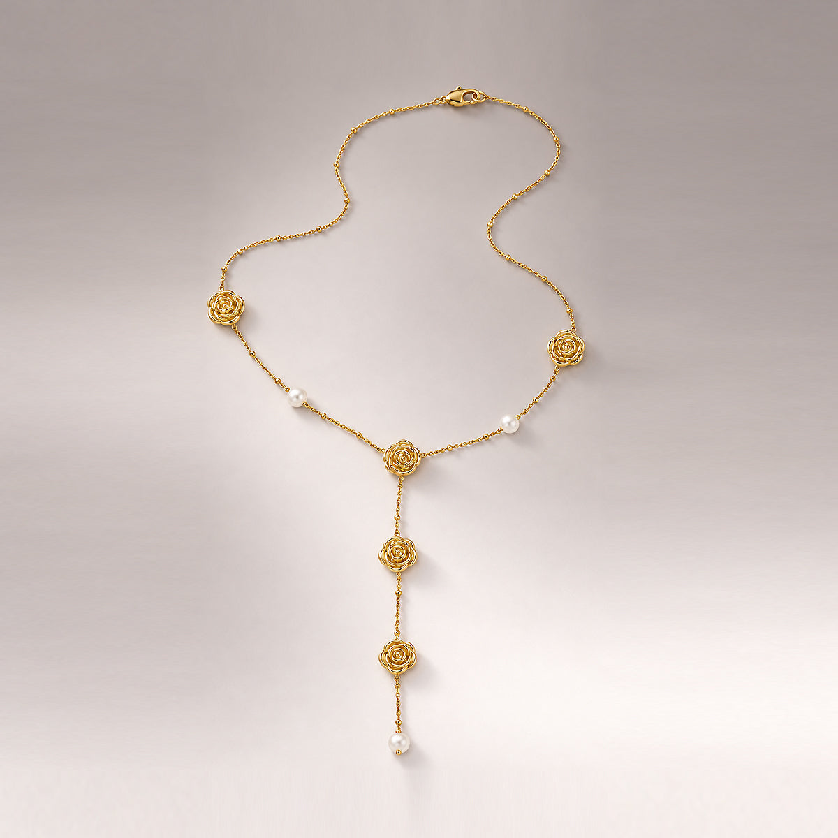 Long Rose Lariat Necklace in Gold & Pearls