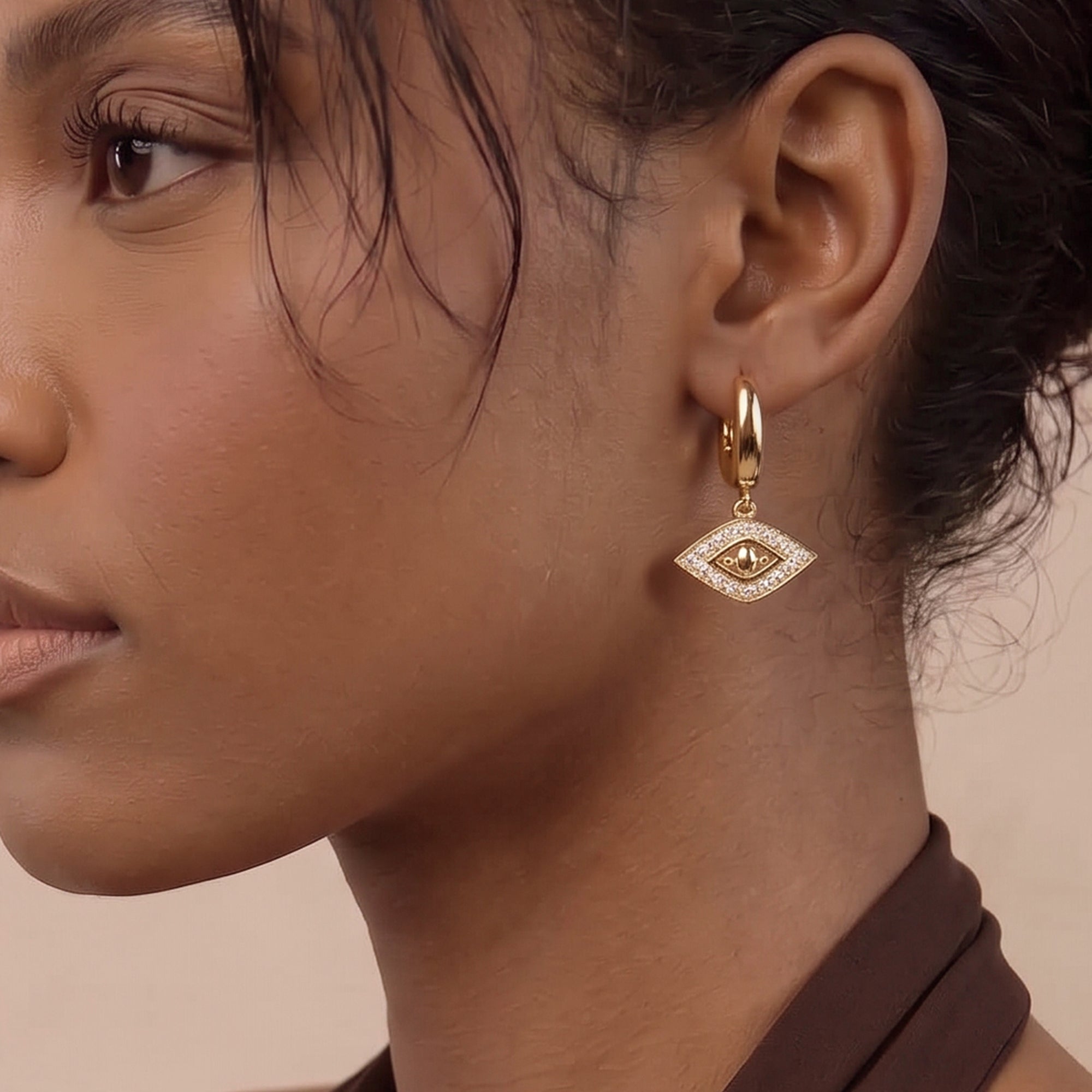 EVIL EYE DROP EARRINGS IN GOLD & CRYSTALS