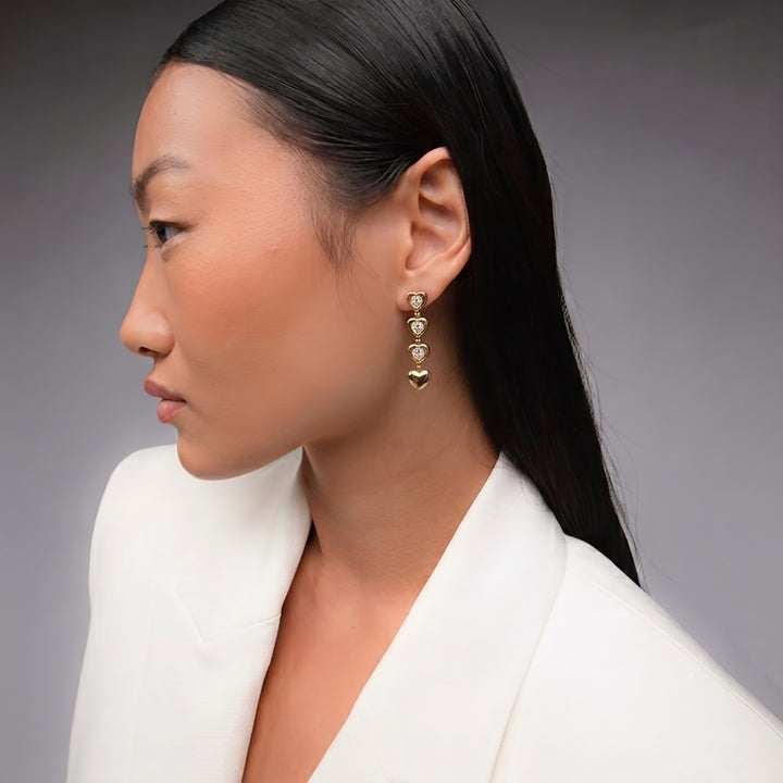 AFELLO HEART DROP EARRINGS IN GOLD & CRYSTAL
