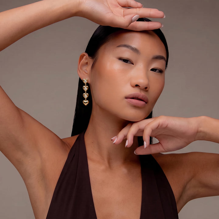AFELLO HEART DROP EARRINGS IN GOLD & CRYSTAL