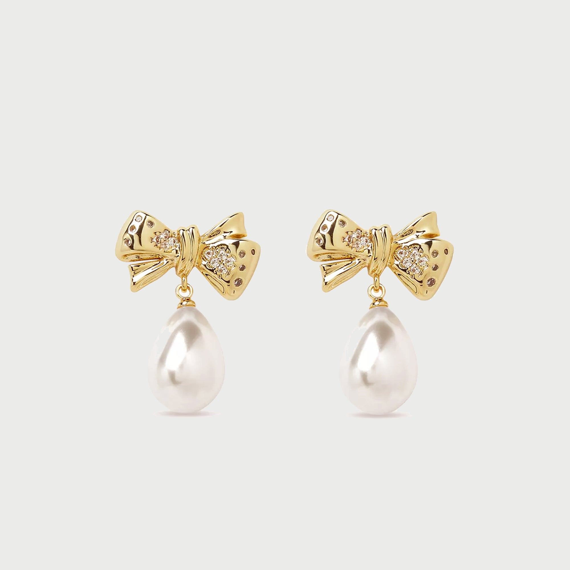BOW PEARL EARRINGS DROP EARRINGS IN GOLD, CRYSTALS & PEARLS