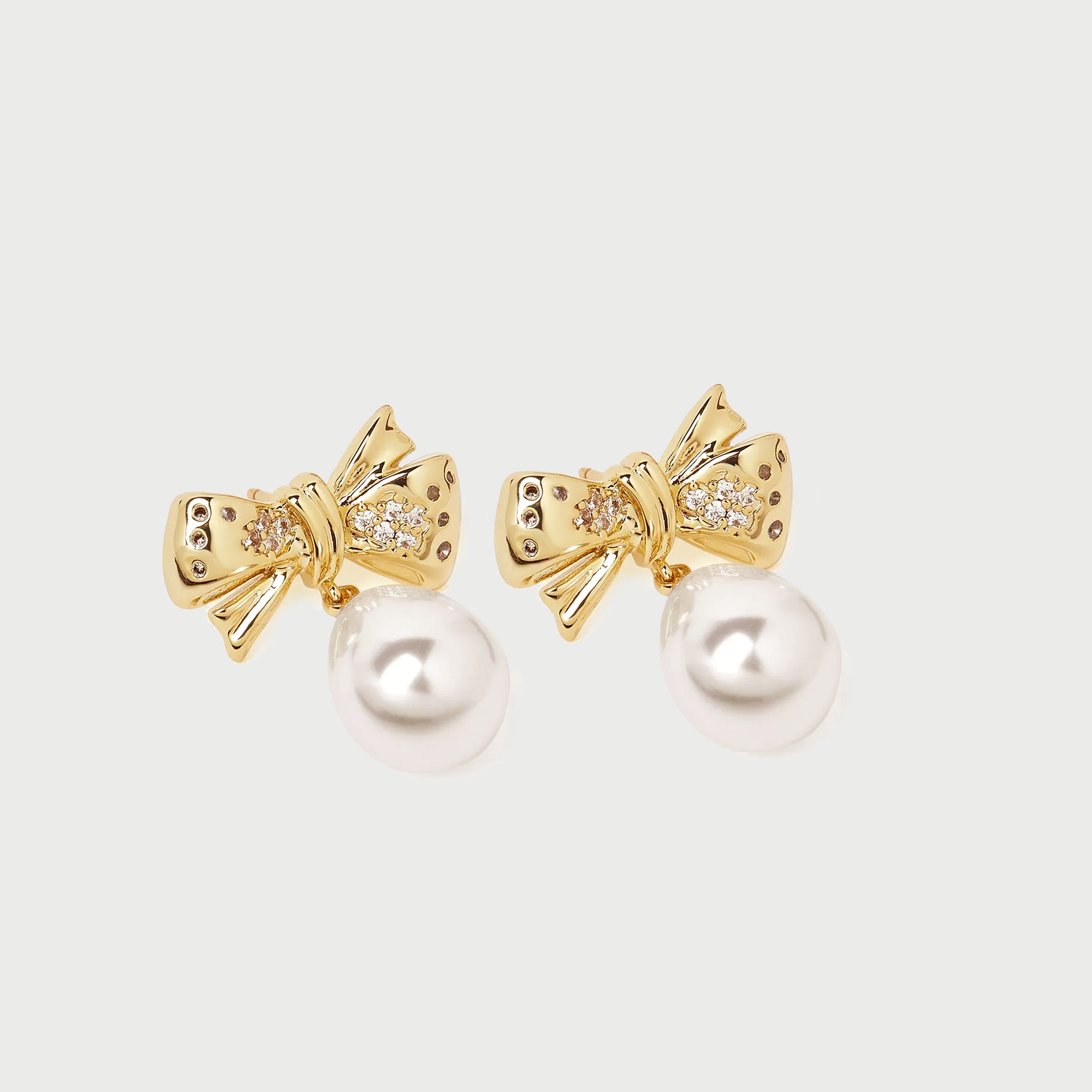 BOW PEARL EARRINGS DROP EARRINGS IN GOLD, CRYSTALS & PEARLS