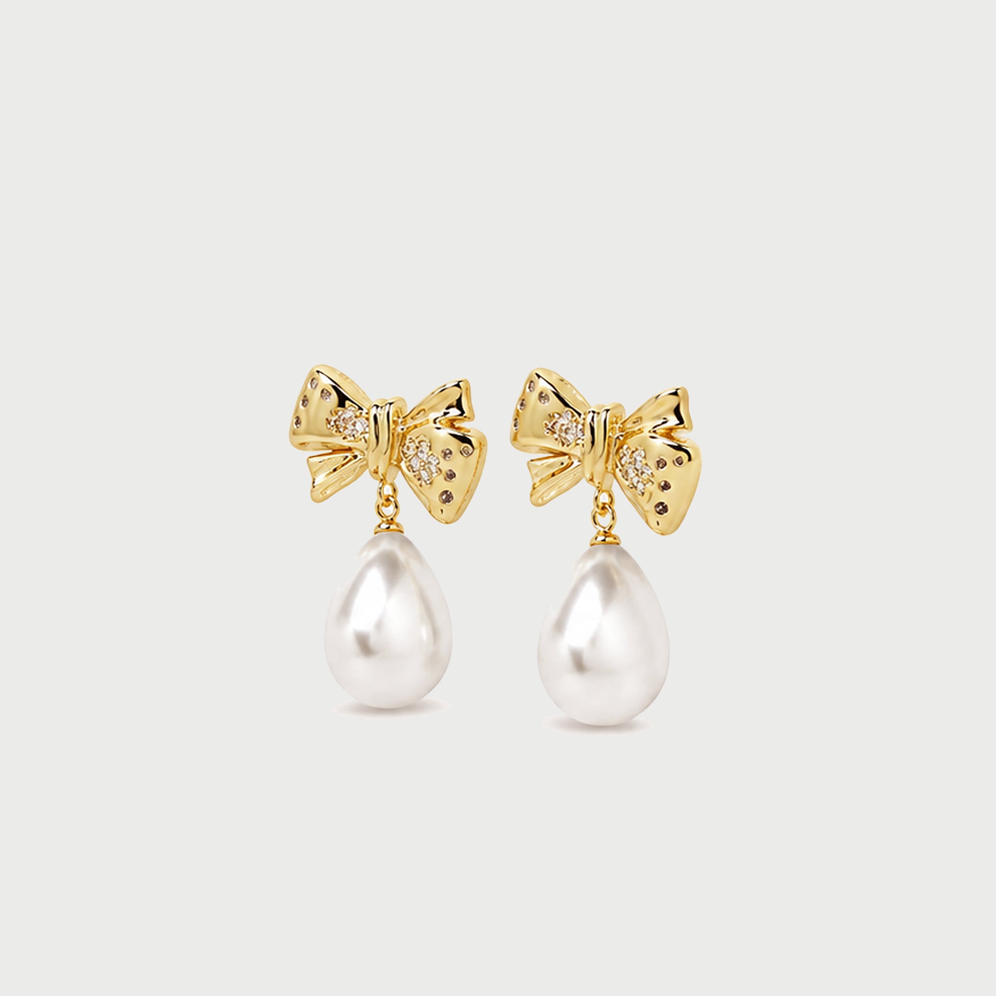 BOW PEARL EARRINGS DROP EARRINGS IN GOLD, CRYSTALS & PEARLS