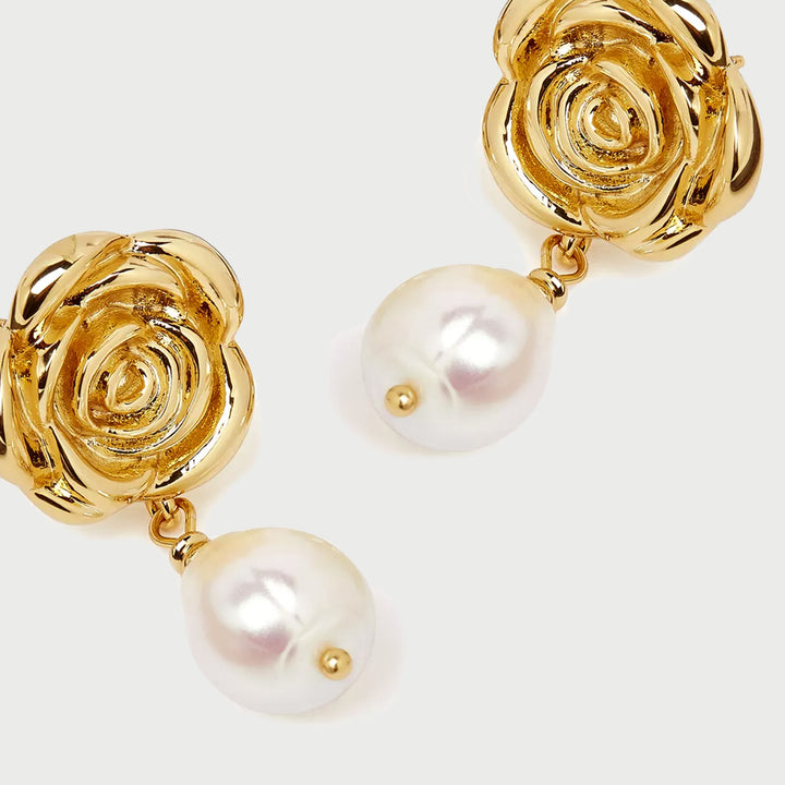 ROSE PEARL DROP EARRINGS IN GOLD & PEARLS