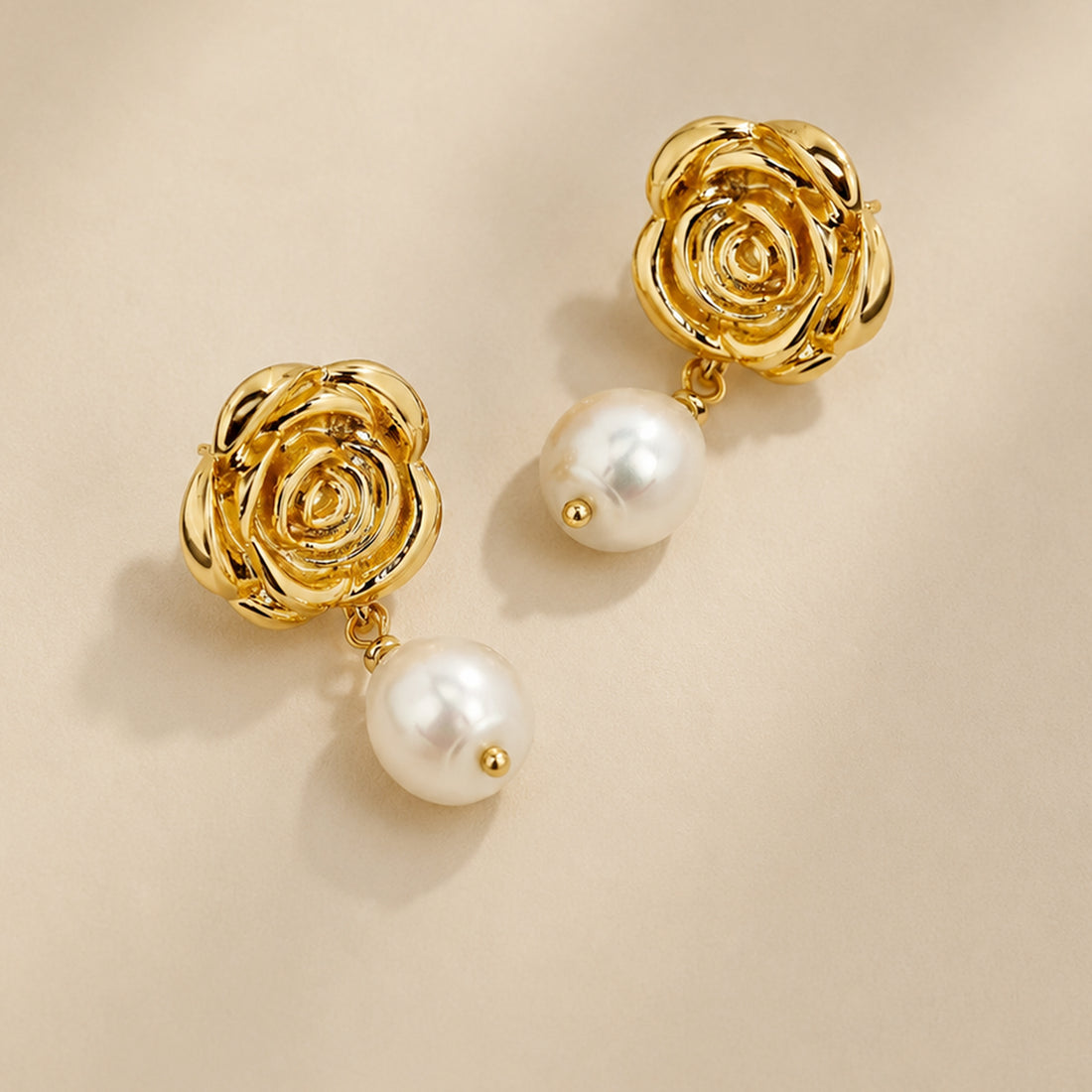 ROSE PEARL DROP EARRINGS IN GOLD & PEARLS