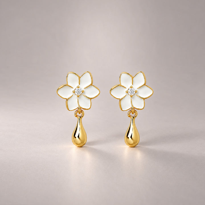 XANTIA FLOWER DROP EARRINGS IN GOLD & MOONSTONE WITH WHTE ENAMEL