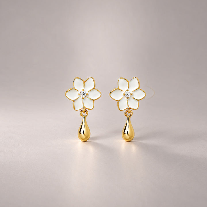XANTIA FLOWER DROP EARRINGS IN GOLD & MOONSTONE WITH WHTE ENAMEL