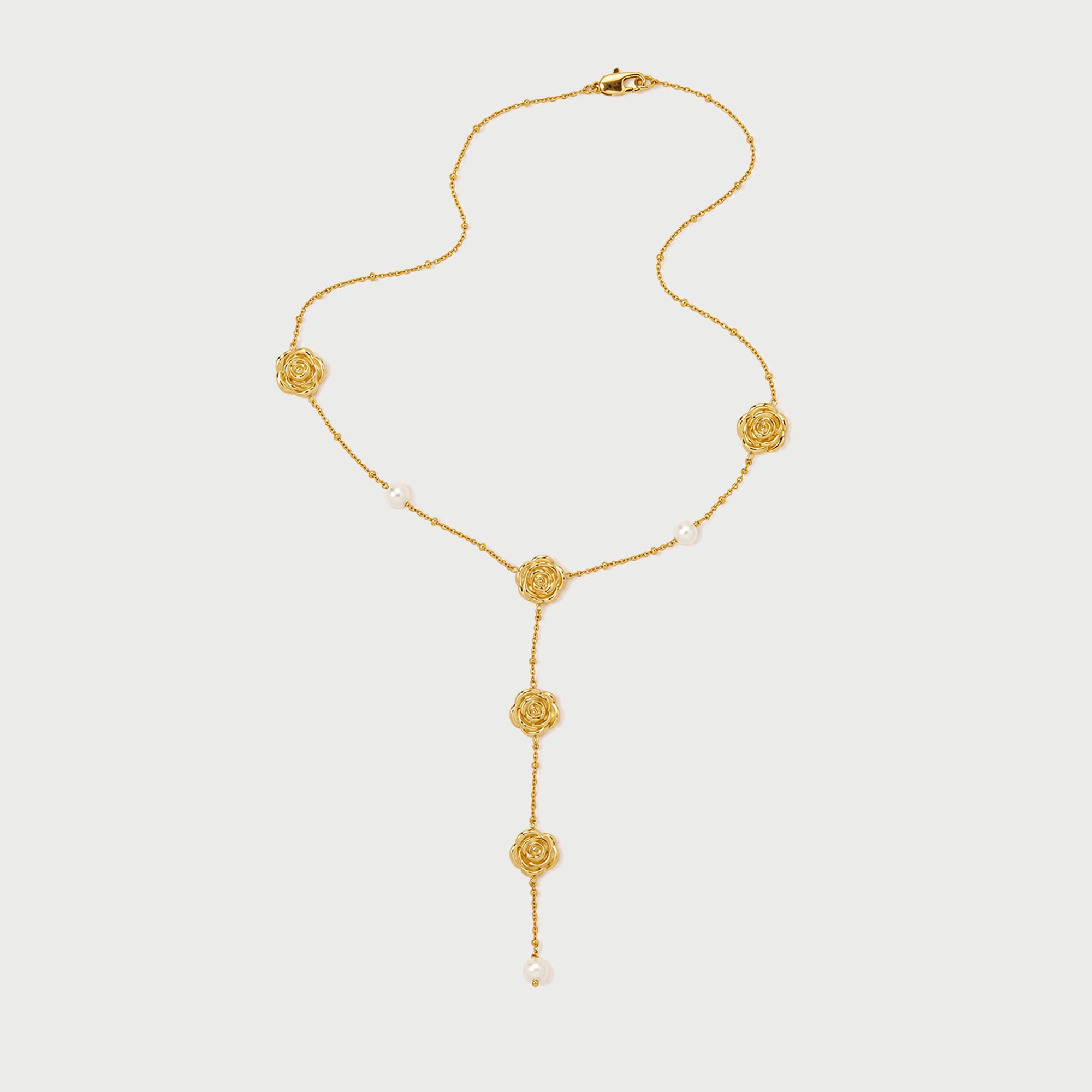 Long Rose Lariat Necklace in Gold & Pearls