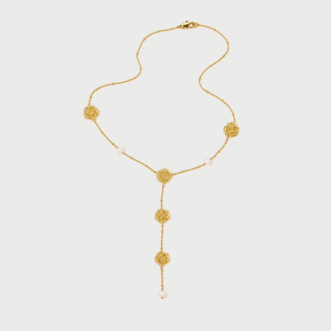 Long Rose Lariat Necklace in Gold & Pearls