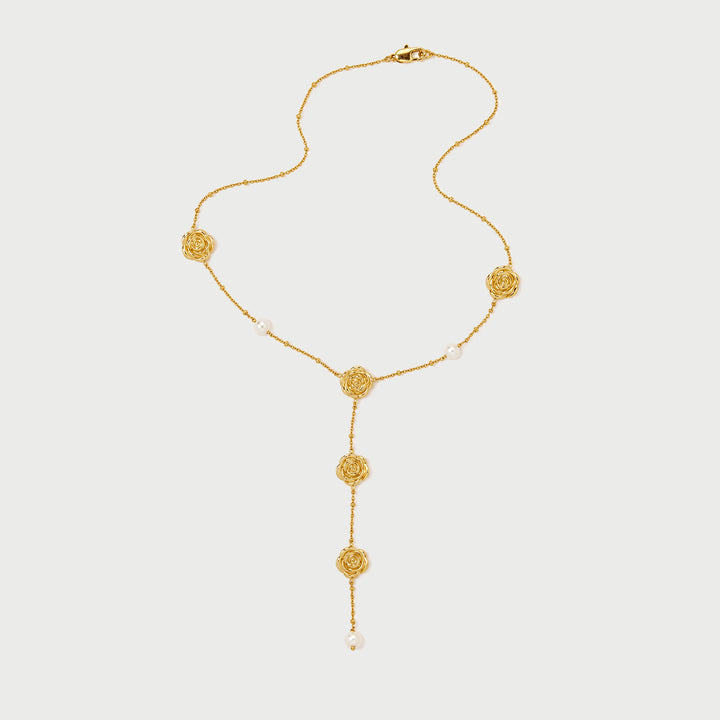 Long Rose Lariat Necklace in Gold & Pearls