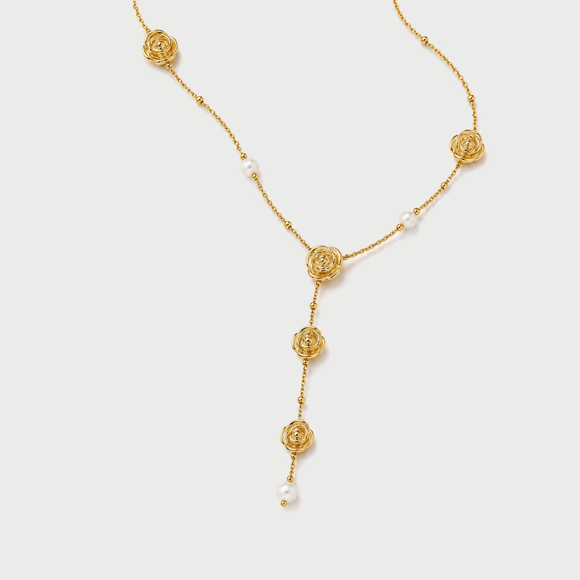 Long Rose Lariat Necklace in Gold & Pearls