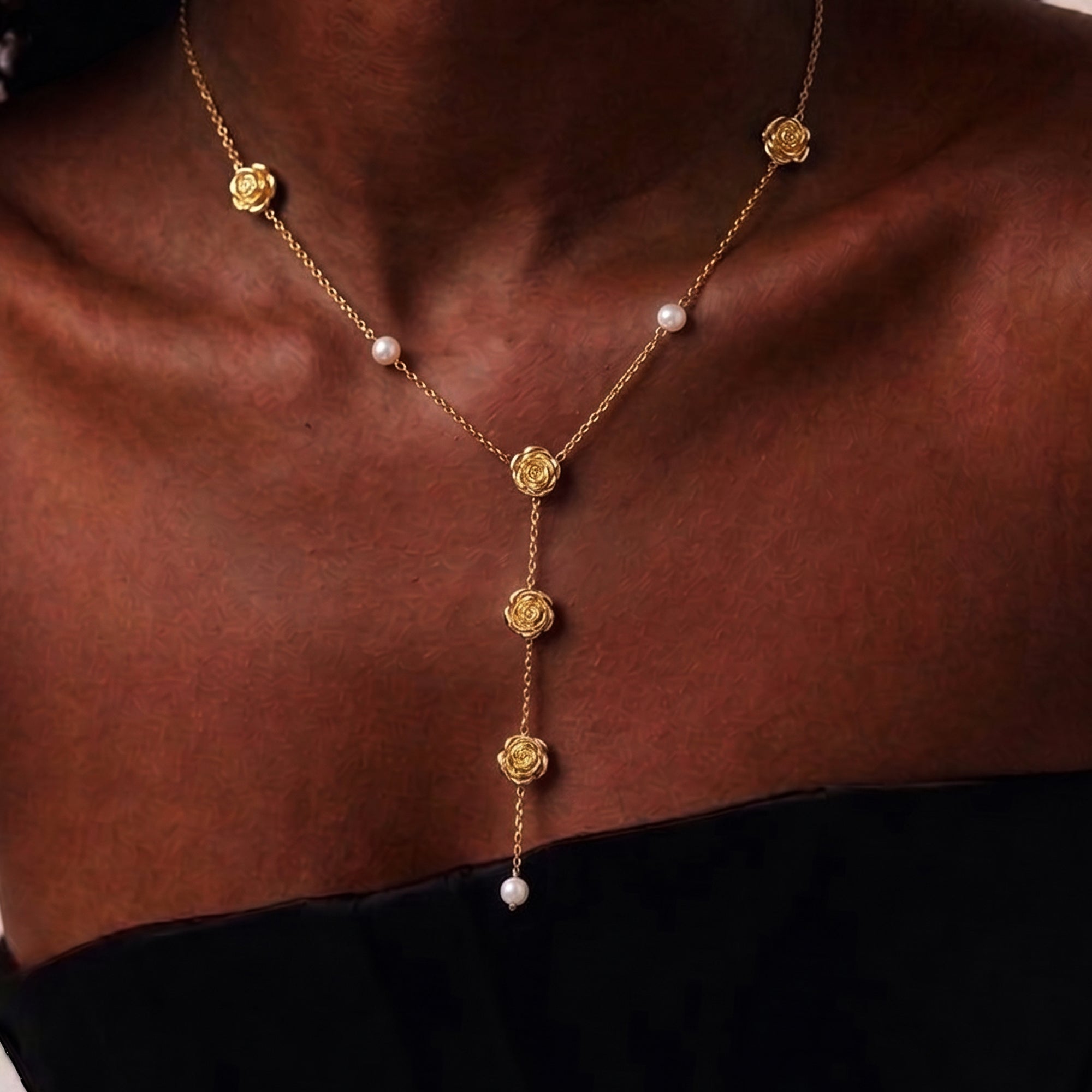 Long Rose Lariat Necklace in Gold & Pearls