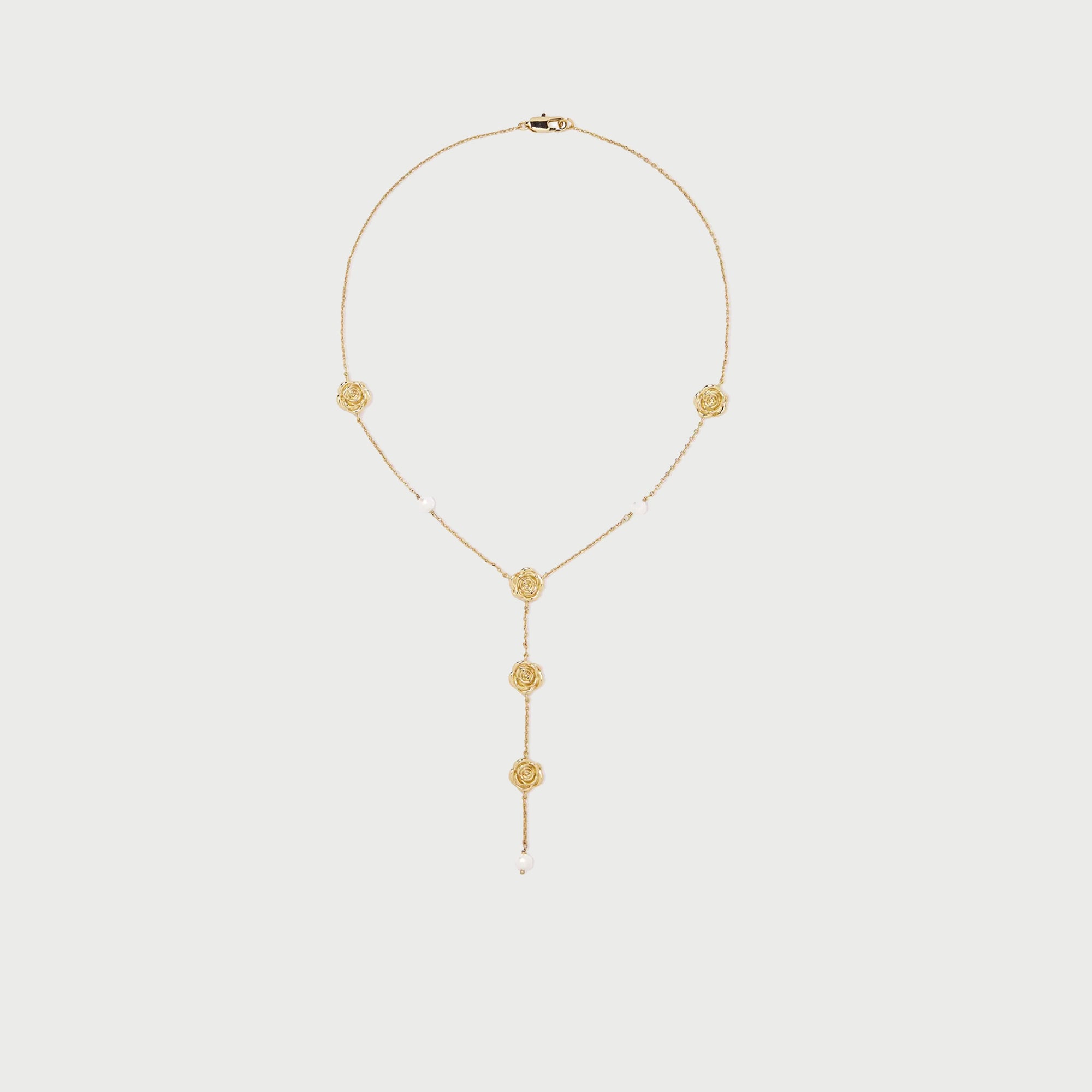 Long Rose Lariat Necklace in Gold & Pearls