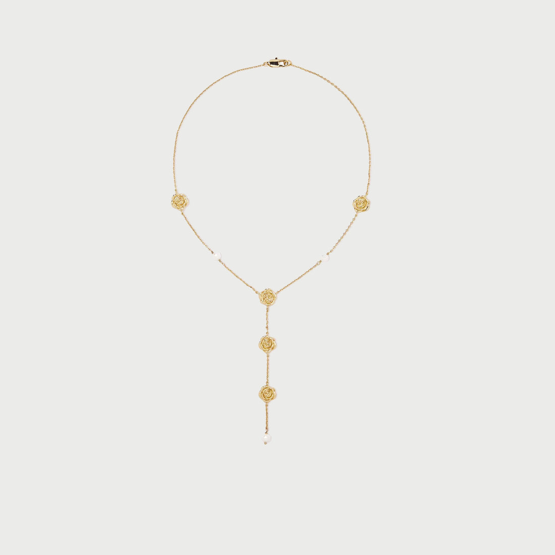 Long Rose Lariat Necklace in Gold & Pearls