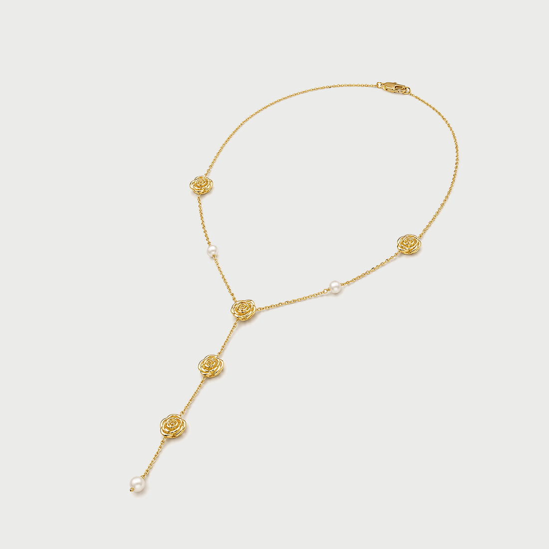 Long Rose Lariat Necklace in Gold & Pearls