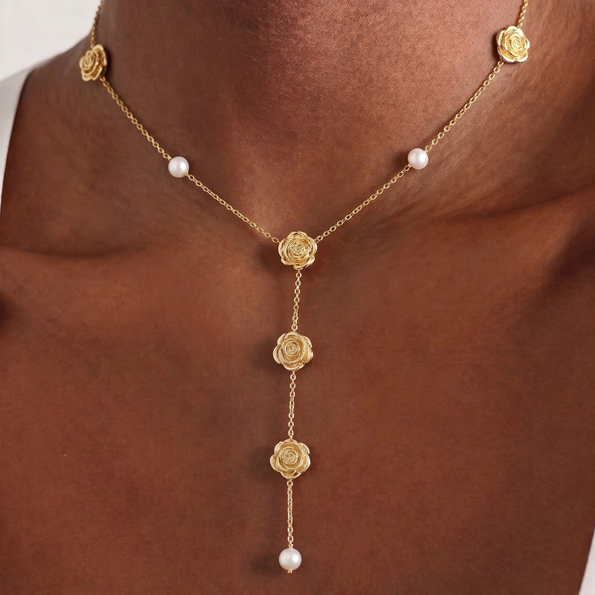 Long Rose Lariat Necklace in Gold & Pearls
