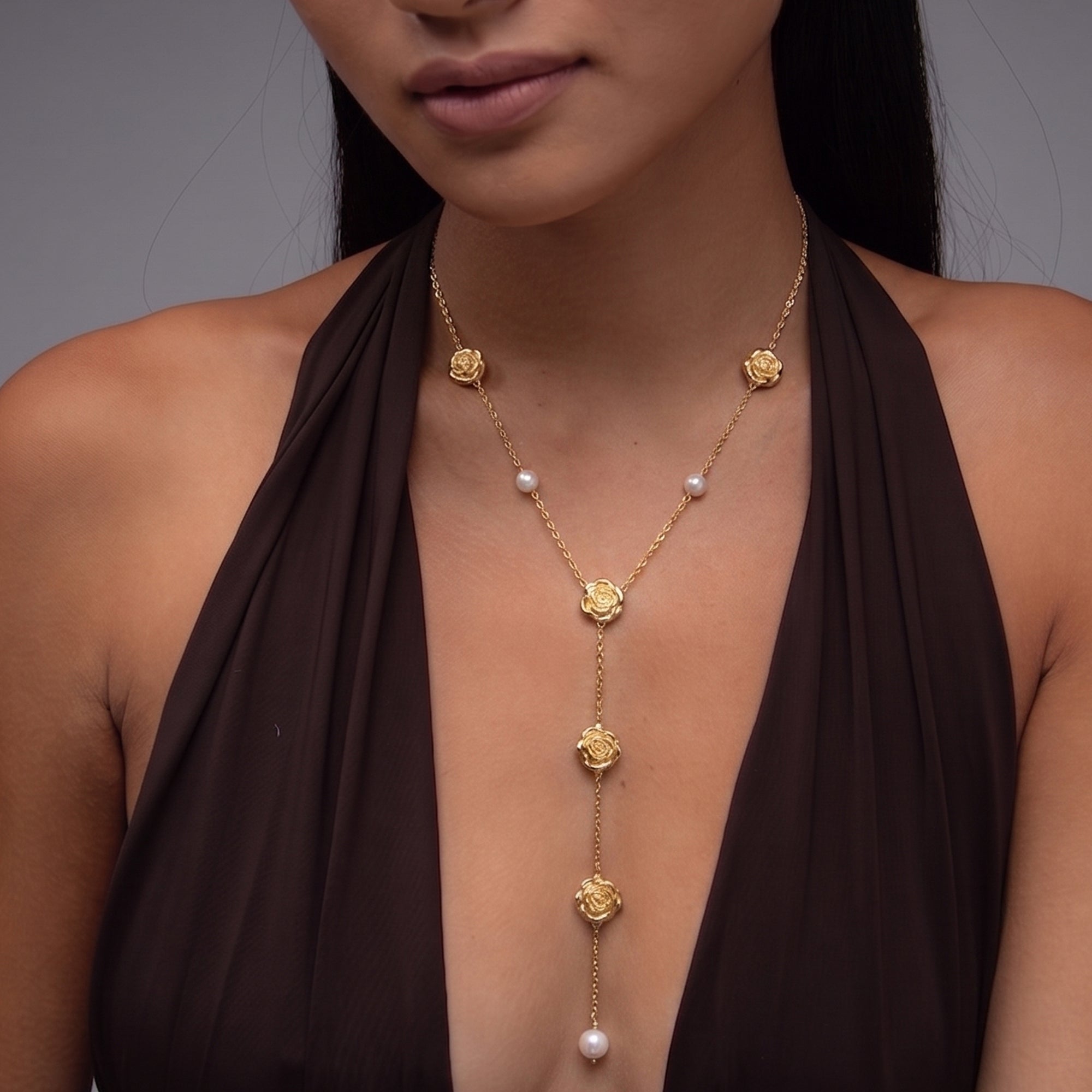 Long Rose Lariat Necklace in Gold & Pearls