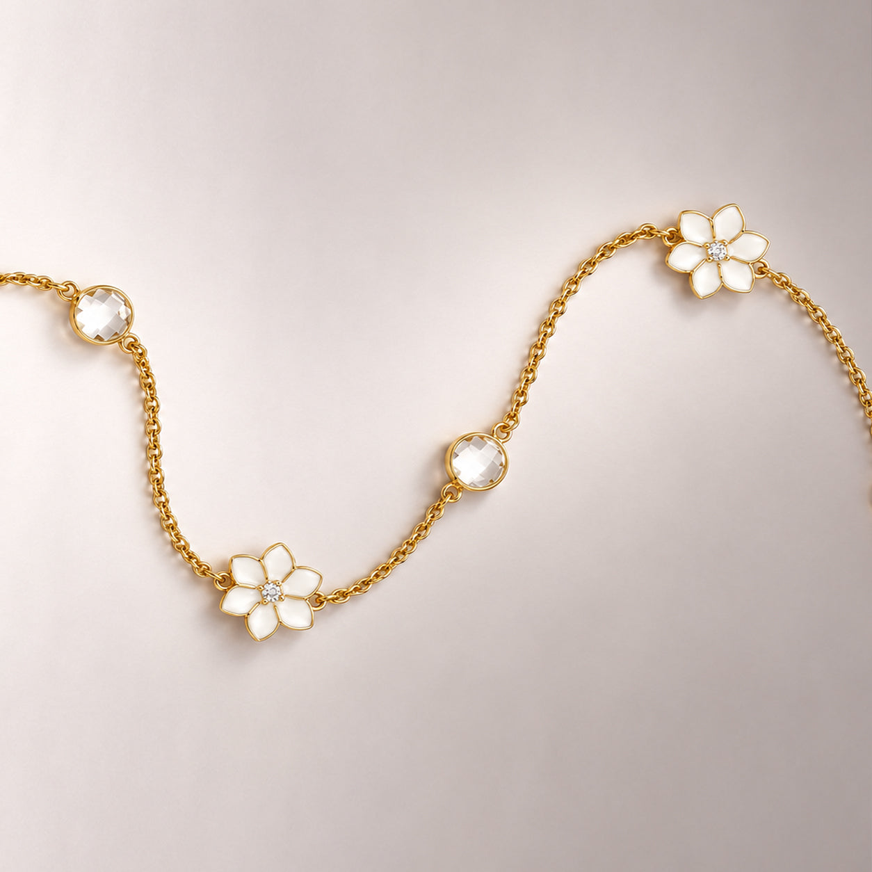 XANTIA STONE STATION NECKLACE IN GOLD & MOONSTONE WITH WHITE ENAMEL