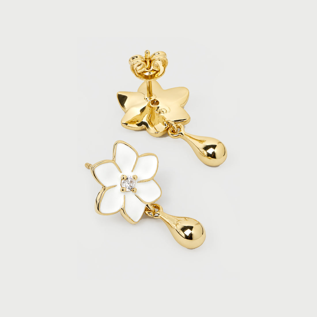 XANTIA FLOWER DROP EARRINGS IN GOLD & MOONSTONE WITH WHTE ENAMEL