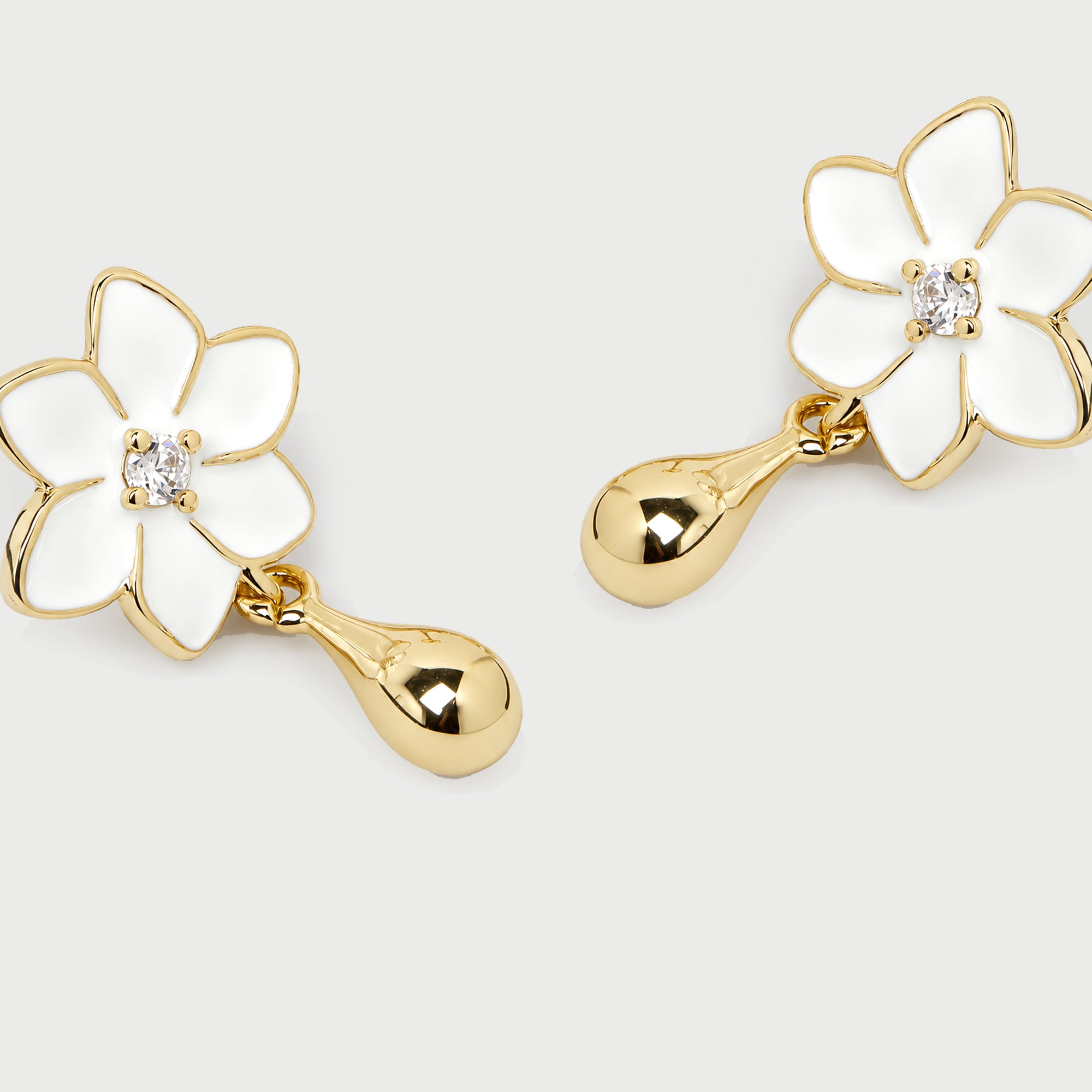 XANTIA FLOWER DROP EARRINGS IN GOLD & MOONSTONE WITH WHTE ENAMEL