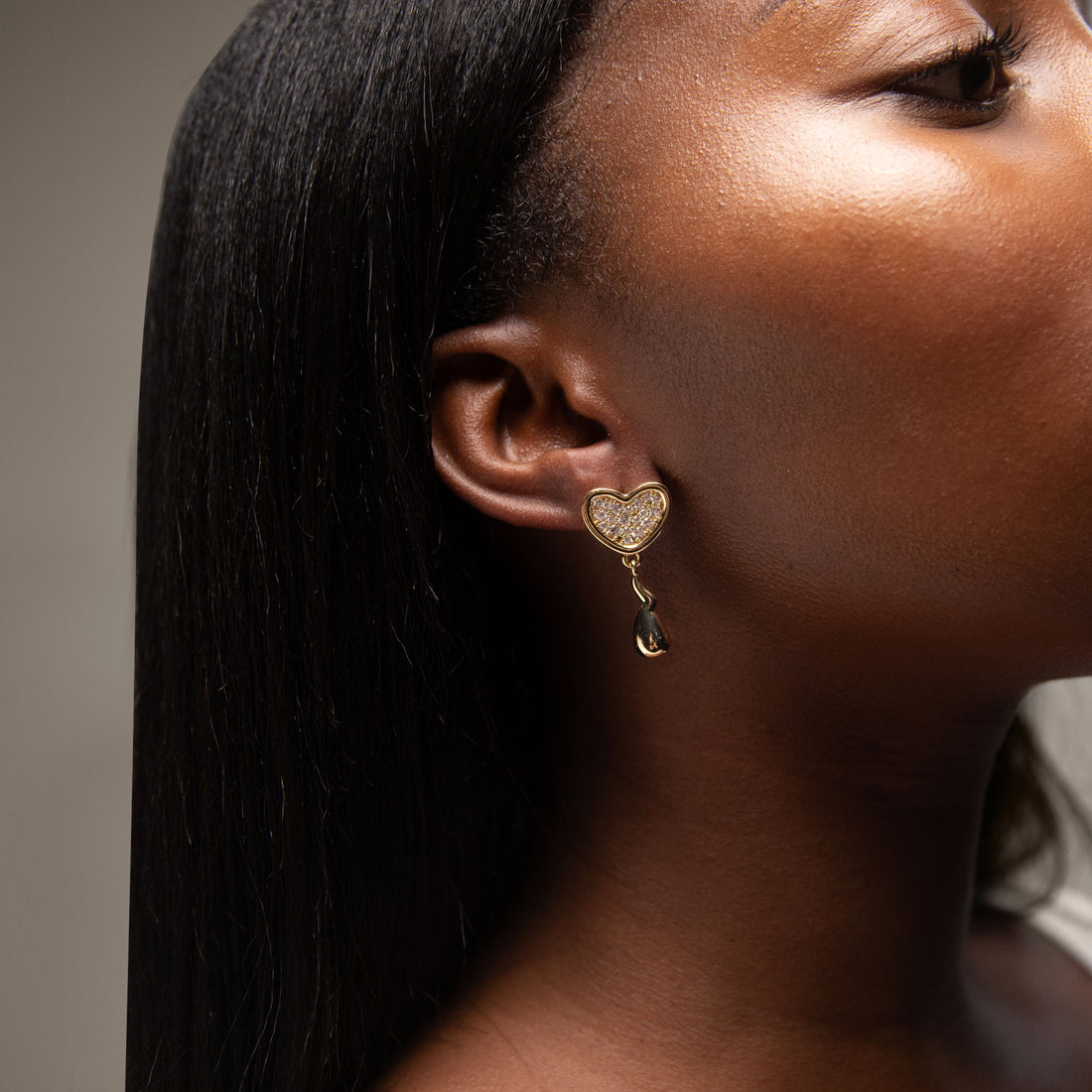 Heart Midi Crystal Face On Stud Earrings in Gold