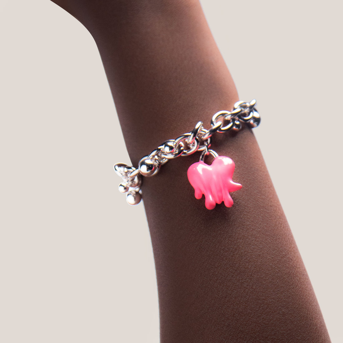 Heart Drop Bracelet in Silver and Pink