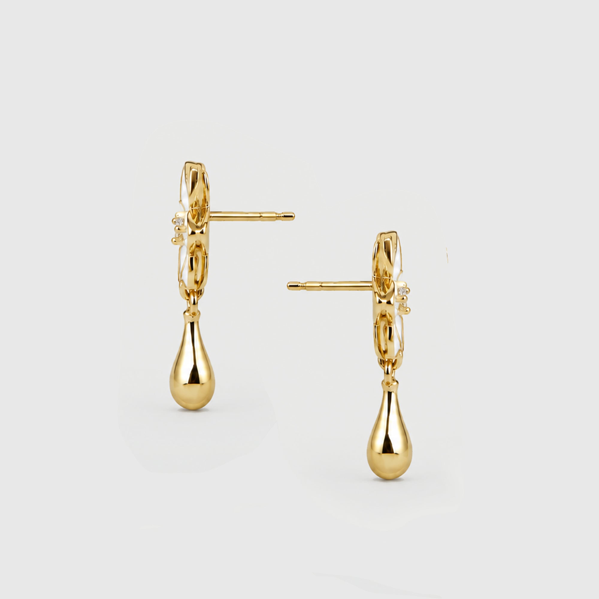 XANTIA FLOWER DROP EARRINGS IN GOLD & MOONSTONE WITH WHTE ENAMEL