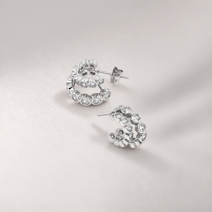Averto Mini Crystal Double Hoop Earrings in Silver
