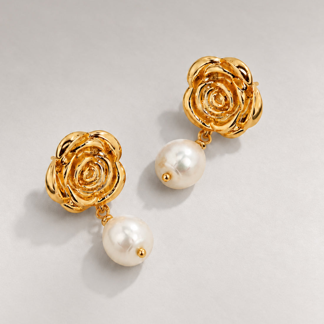 ROSE PEARL DROP EARRINGS IN GOLD & PEARLS