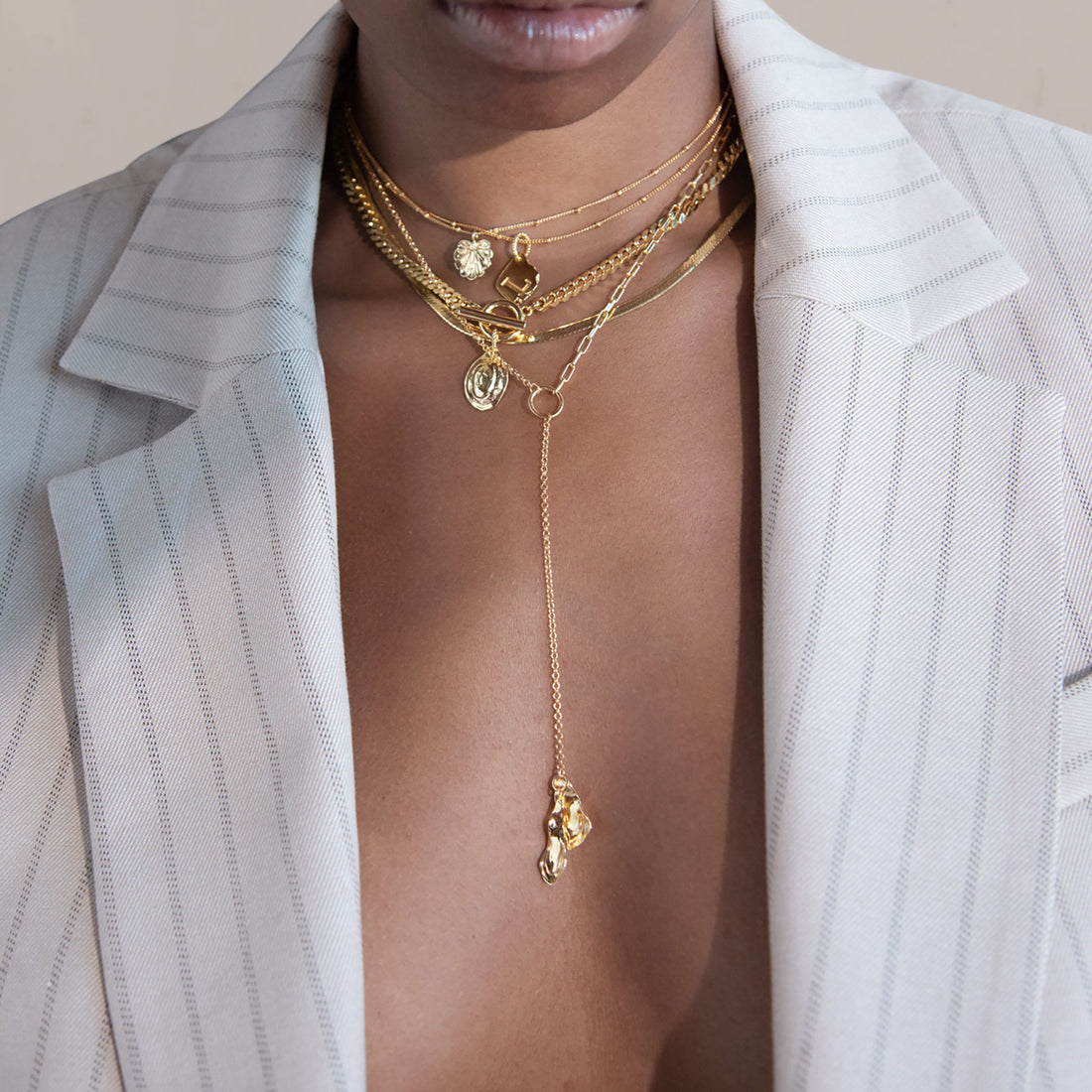 Lariat Mix Chain Necklace in Gold