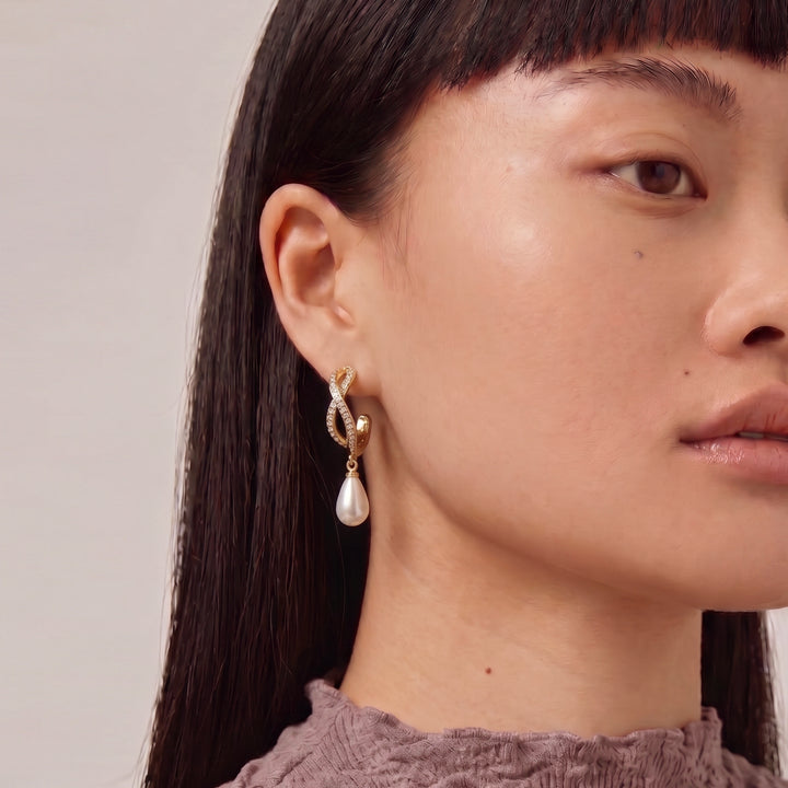 Berdo Midi Pearl Hoop Drop Earrings In Gold, Crystals & Pearls