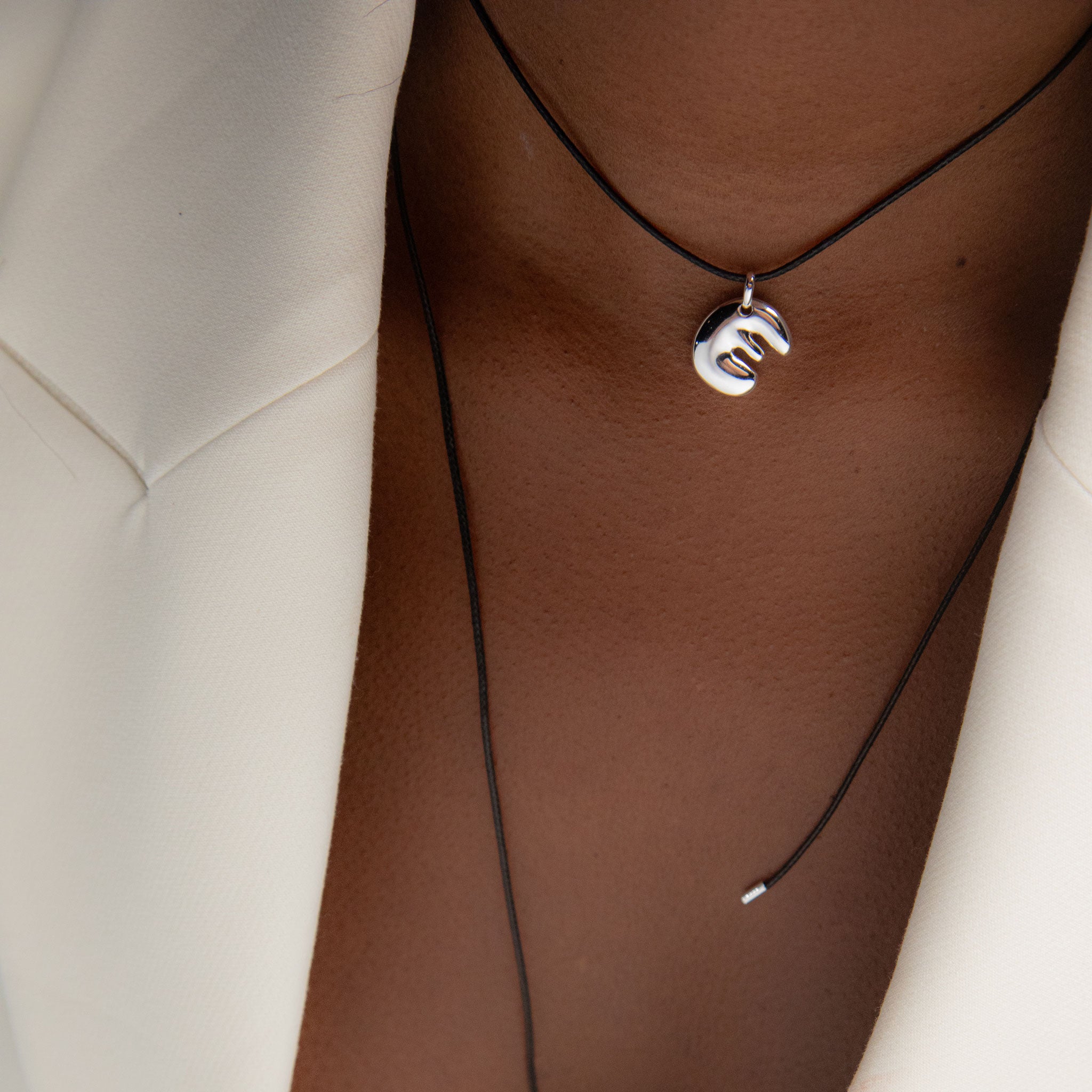 Initial E Cord String Necklace in Silver
