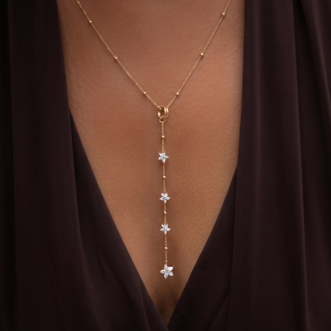 Floral Lariat Necklace In Gold Two Tone