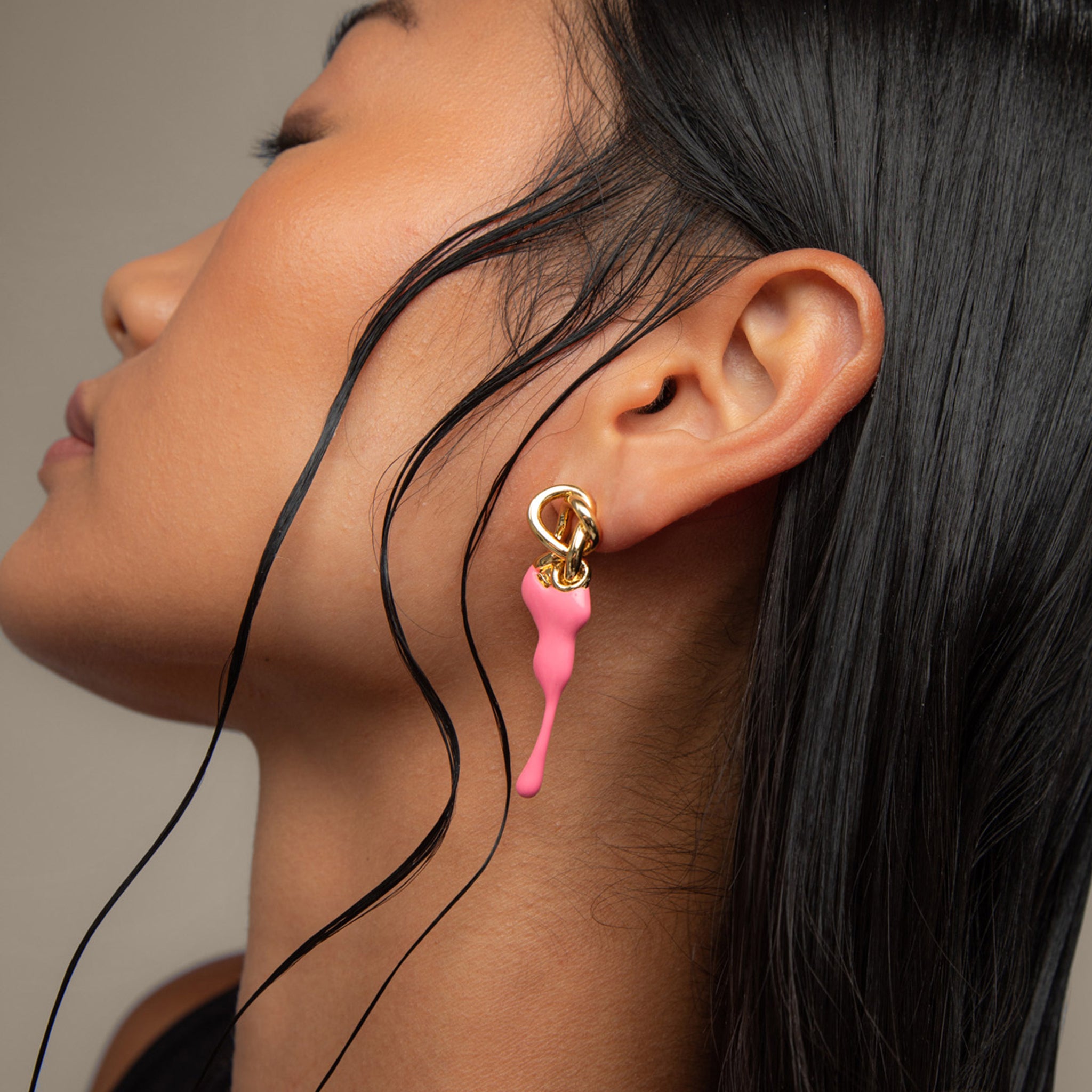 Maxi Santiono Face on Stud Earrings in Gold and Pink