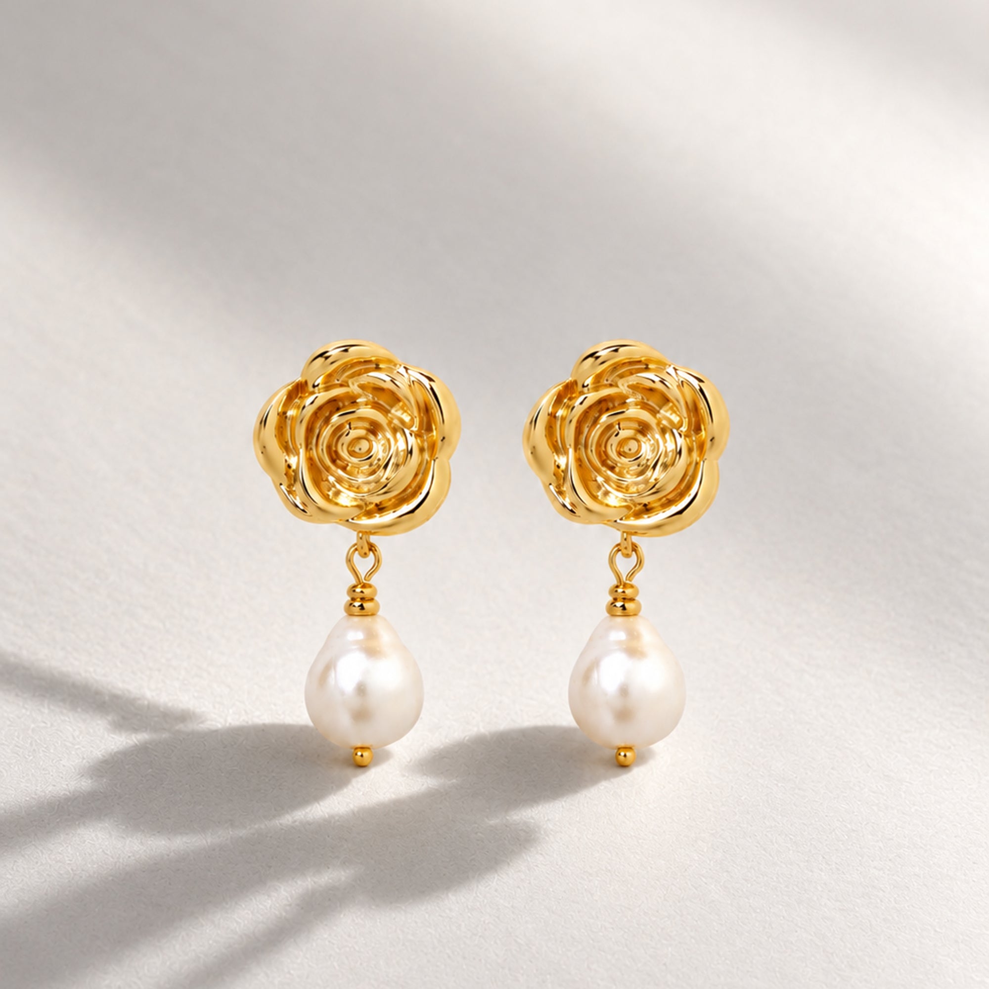 ROSE PEARL DROP EARRINGS IN GOLD & PEARLS