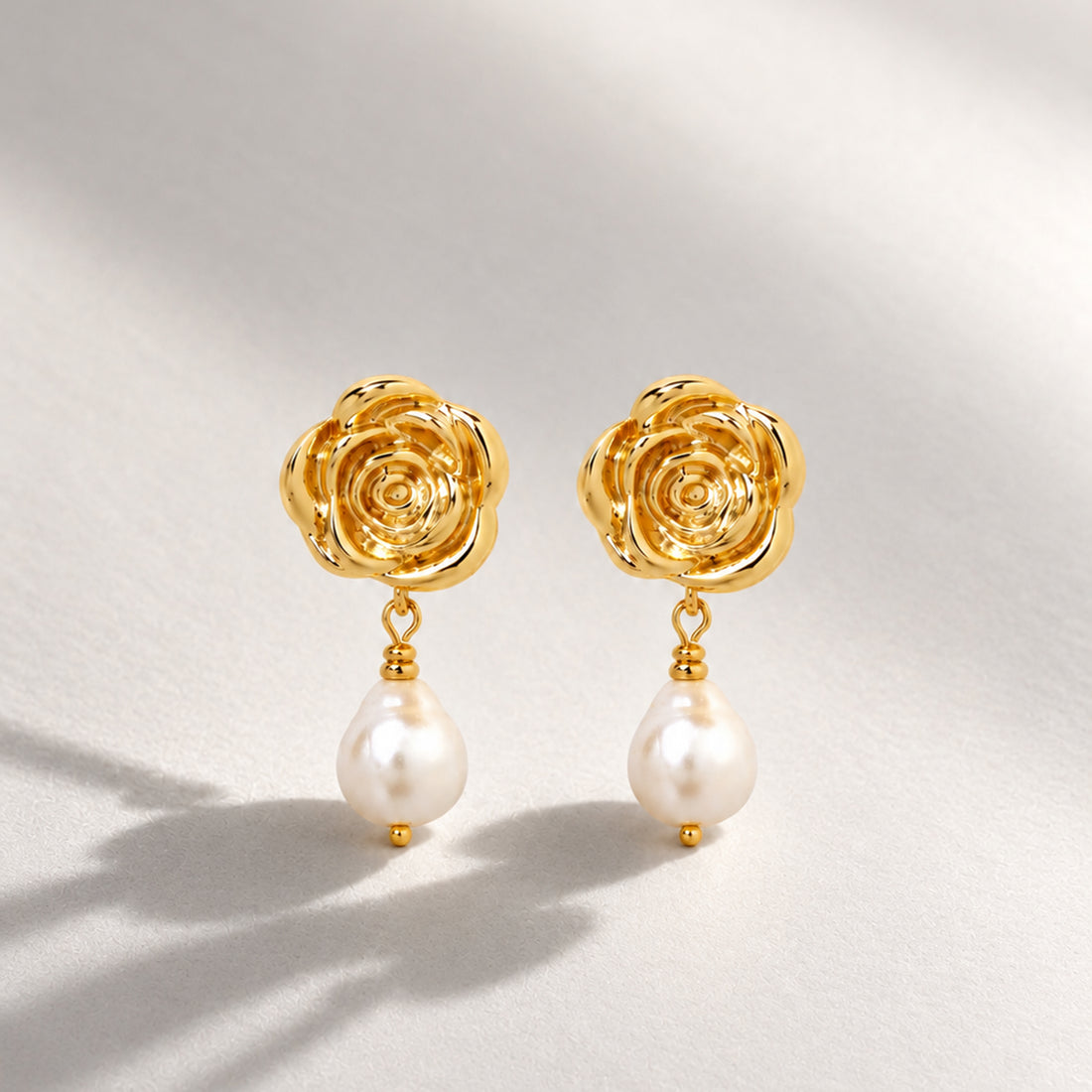 ROSE PEARL DROP EARRINGS IN GOLD & PEARLS