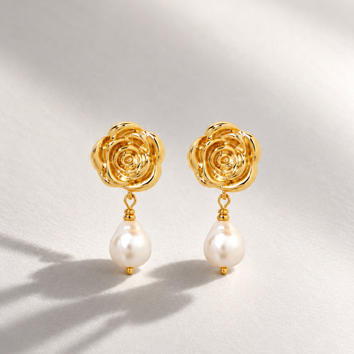 ROSE PEARL DROP EARRINGS IN GOLD & PEARLS