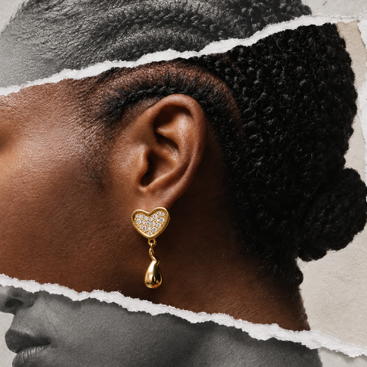 Heart Midi Crystal Face On Stud Earrings in Gold