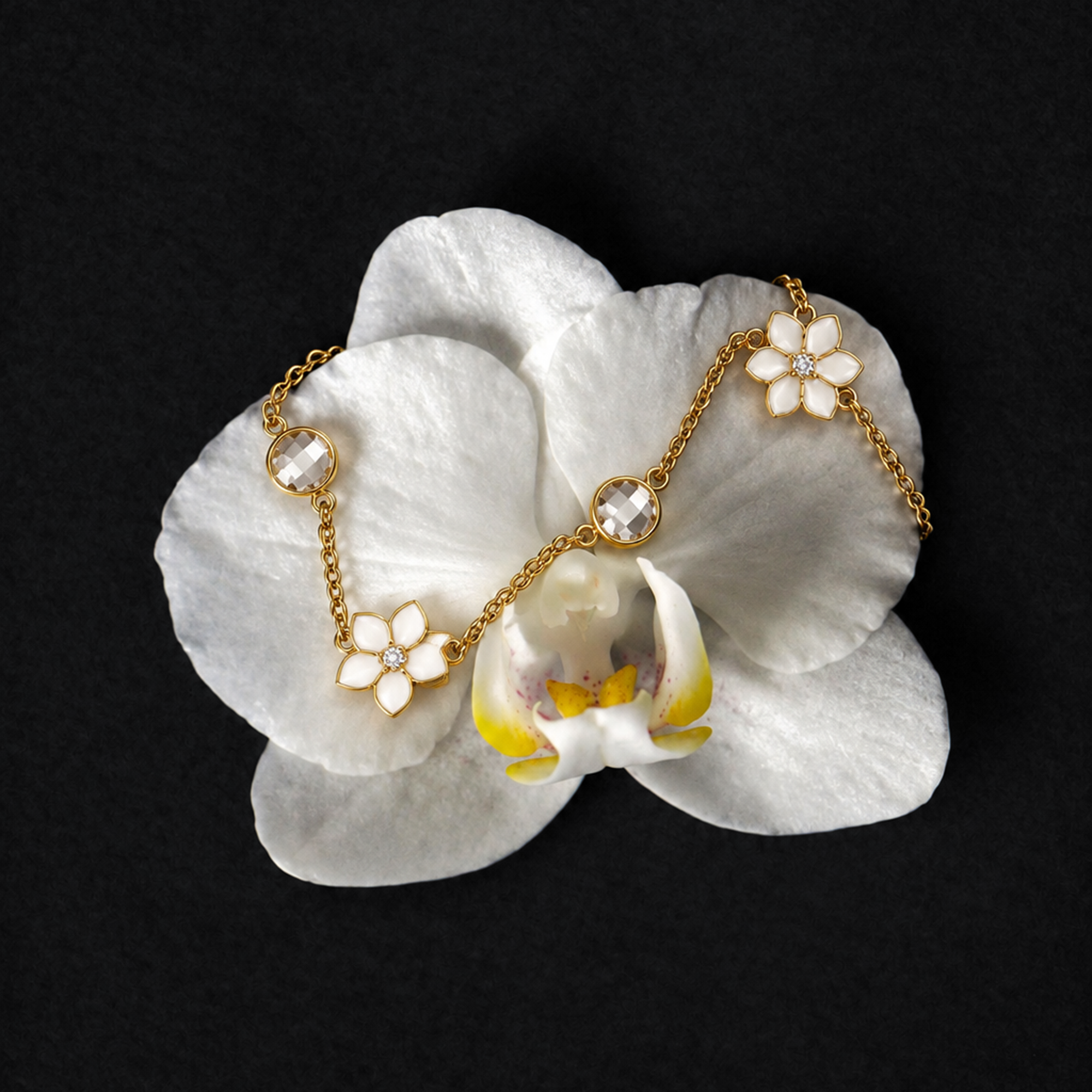 XANTIA STONE STATION NECKLACE IN GOLD & MOONSTONE WITH WHITE ENAMEL