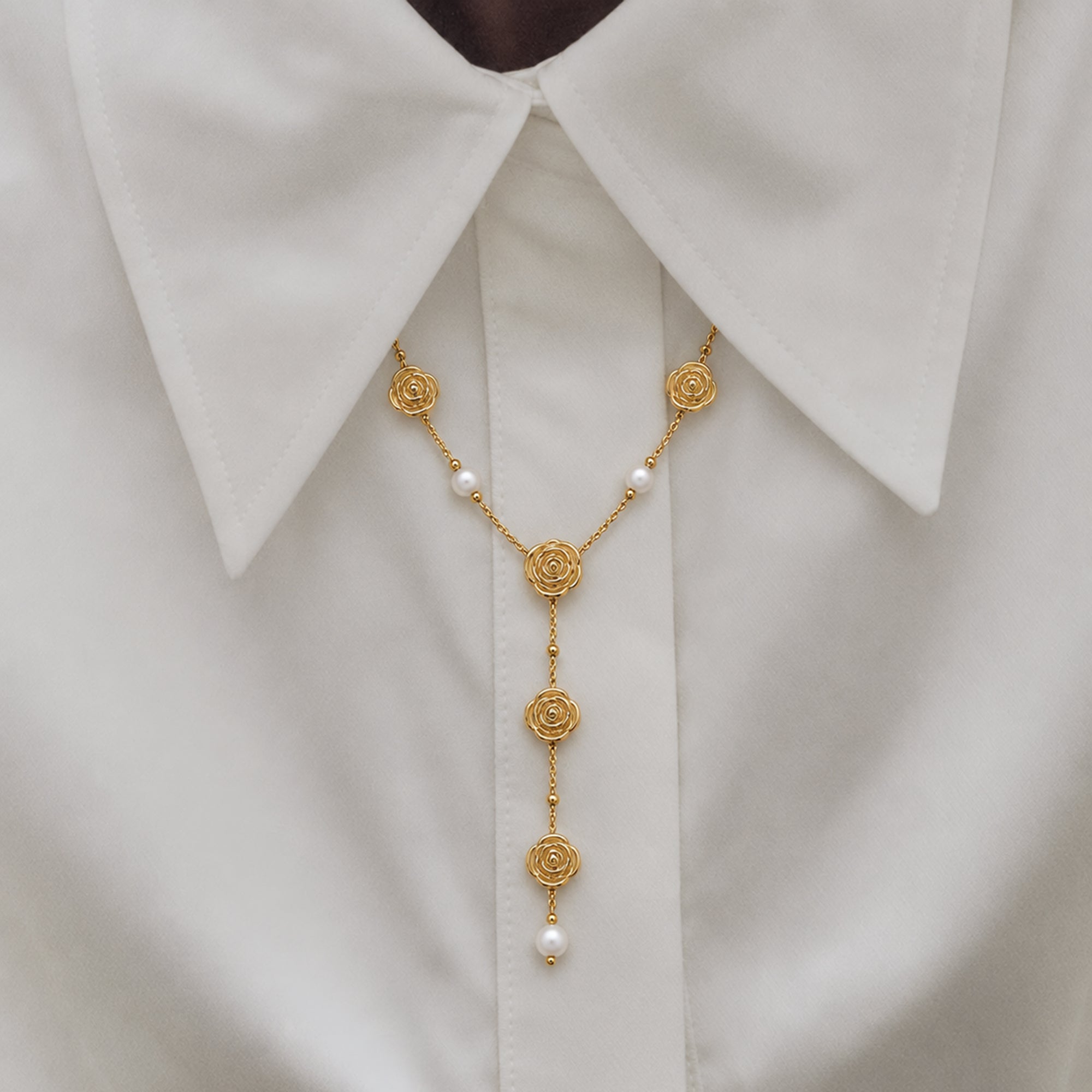 Long Rose Lariat Necklace in Gold & Pearls