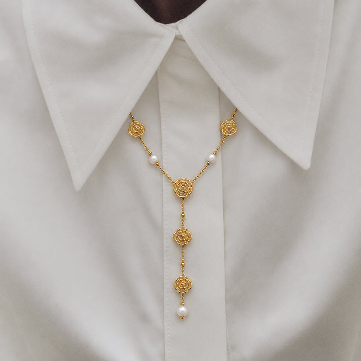 Long Rose Lariat Necklace in Gold & Pearls
