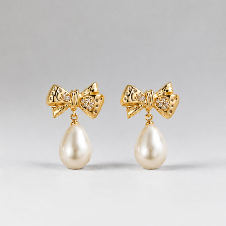 BOW PEARL EARRINGS DROP EARRINGS IN GOLD, CRYSTALS & PEARLS