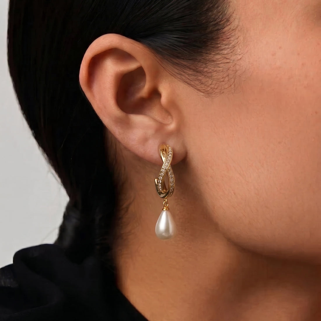 Berdo Midi Pearl Hoop Drop Earrings In Gold, Crystals & Pearls